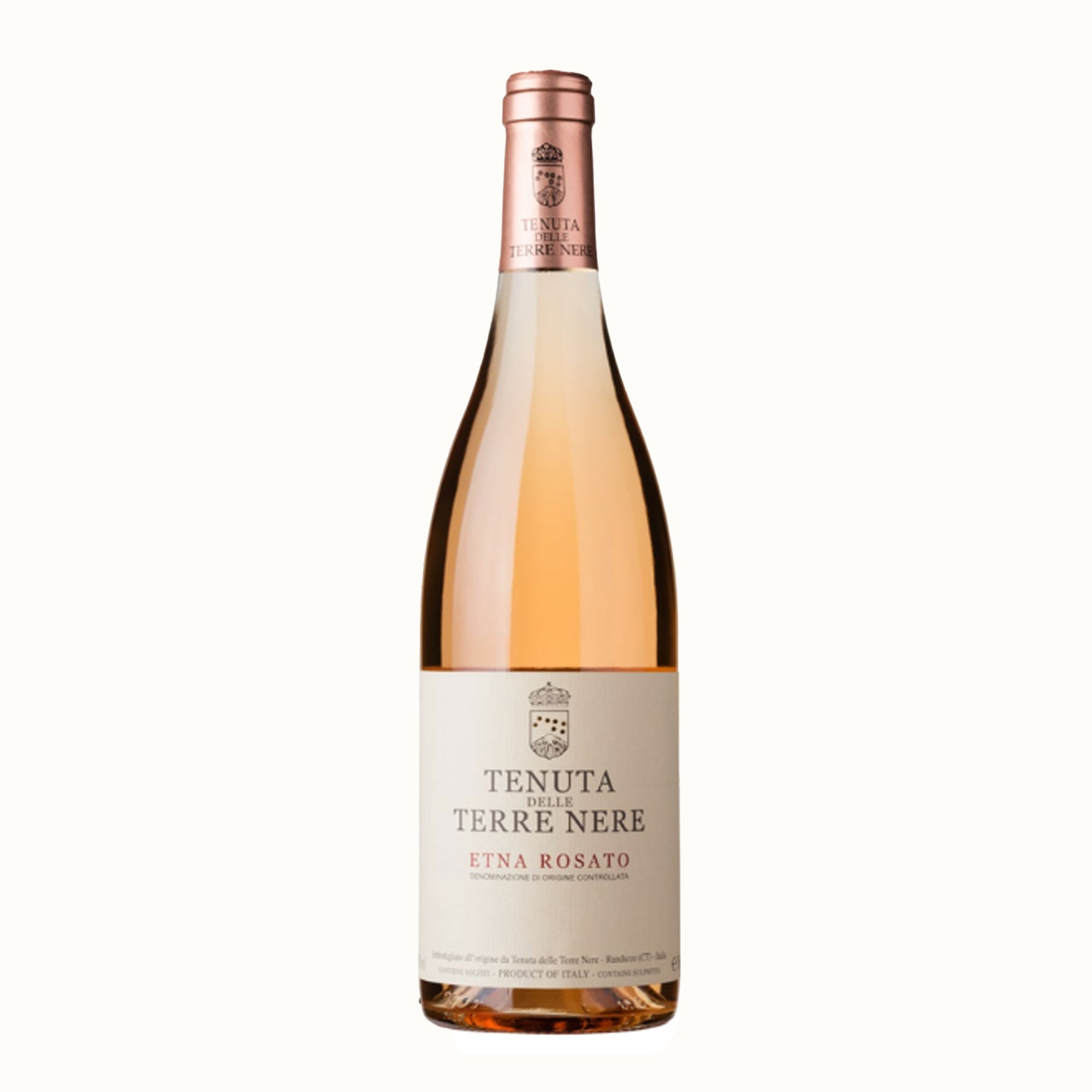 Bottle of Tenuta delle Terre Nere Etna Rosato wine on a white background