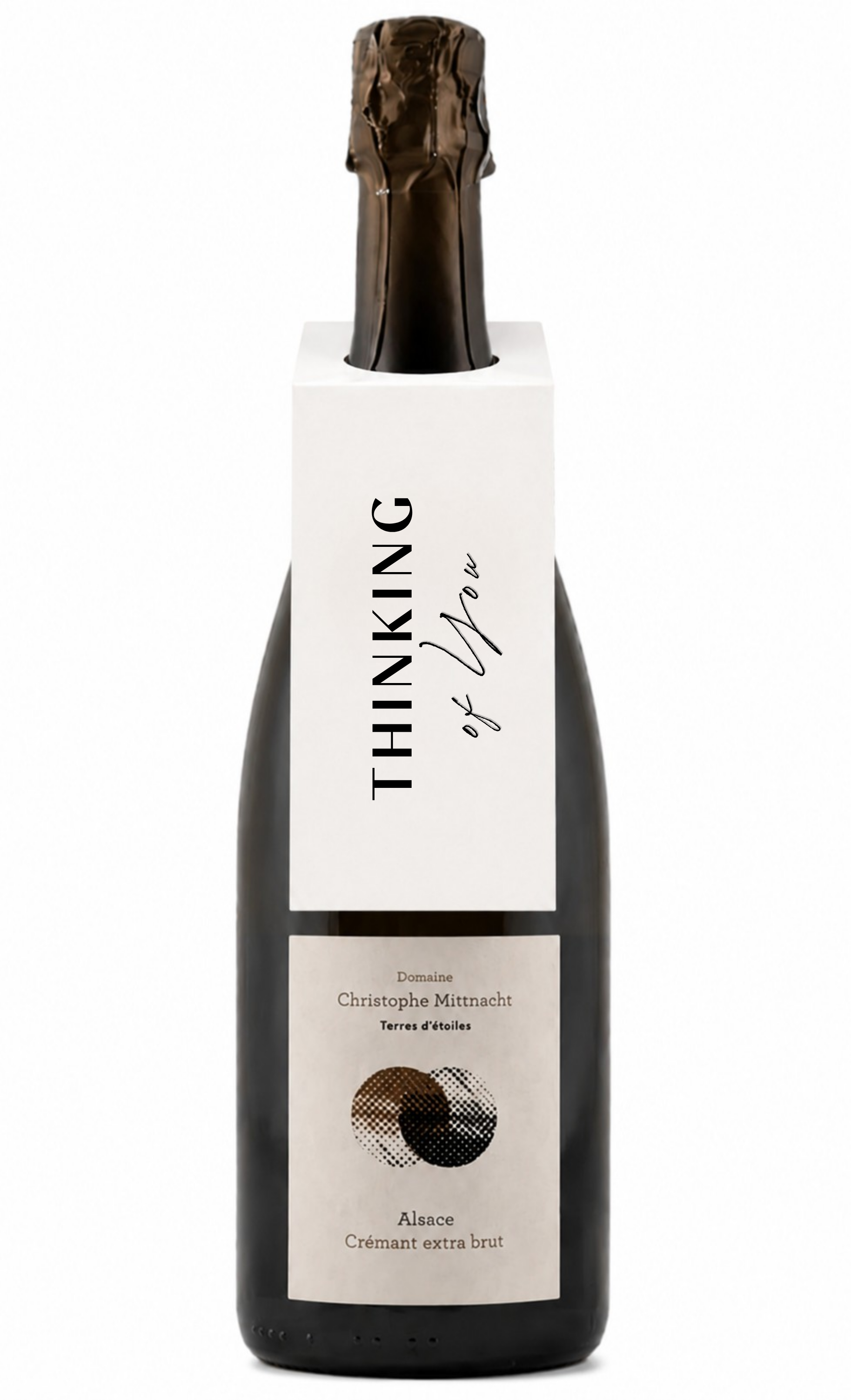 Wine bottle with a white label featuring 'Thinking of Wine' on a white background