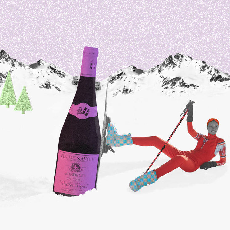 Illustration of a wine bottle and a skier tumbling in snowy mountains for the Alpine Wines class