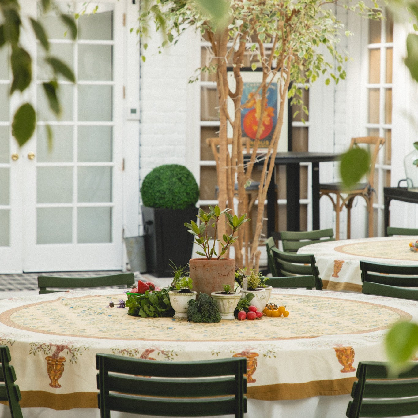 Outdoor dining area with tables, chairs, and decorative plants.