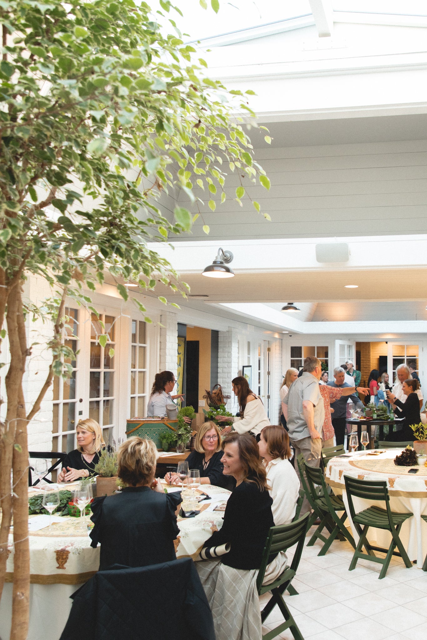 People dining at Argaux's venue with trees and tables.