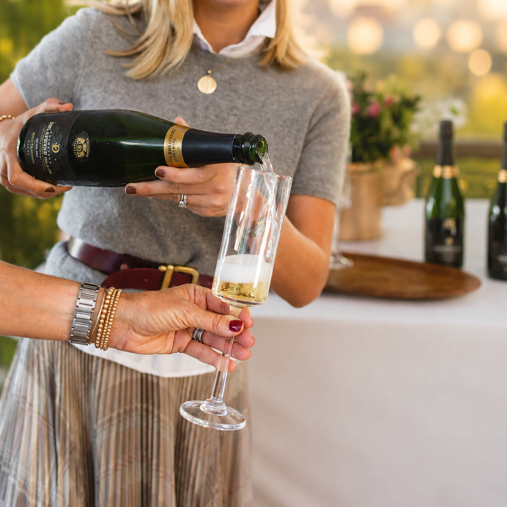 Woman pouring Champagne into a glass at an outdoor gathering