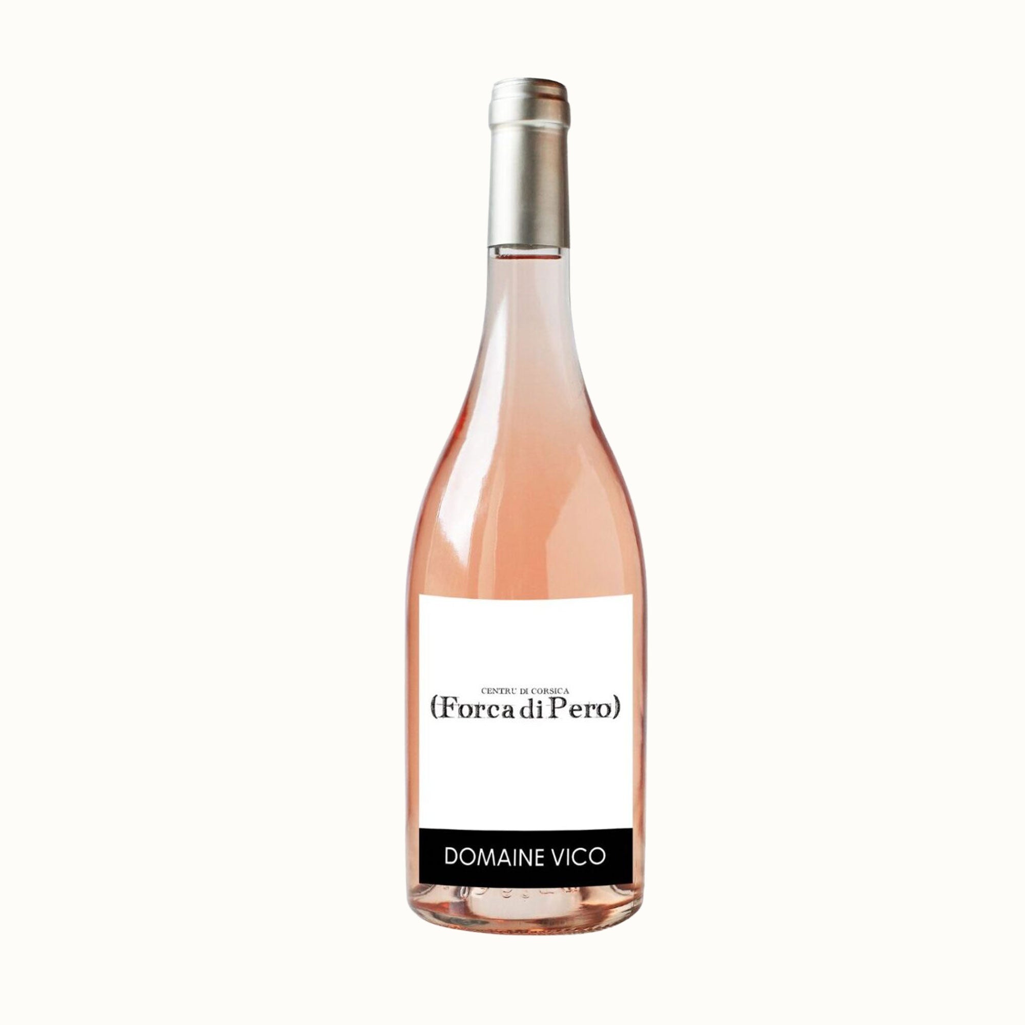 A bottle of Rosé Pink wine from Domaine Vico, featuring a white label with black text and a silver foil cap, set against a plain off-white background.