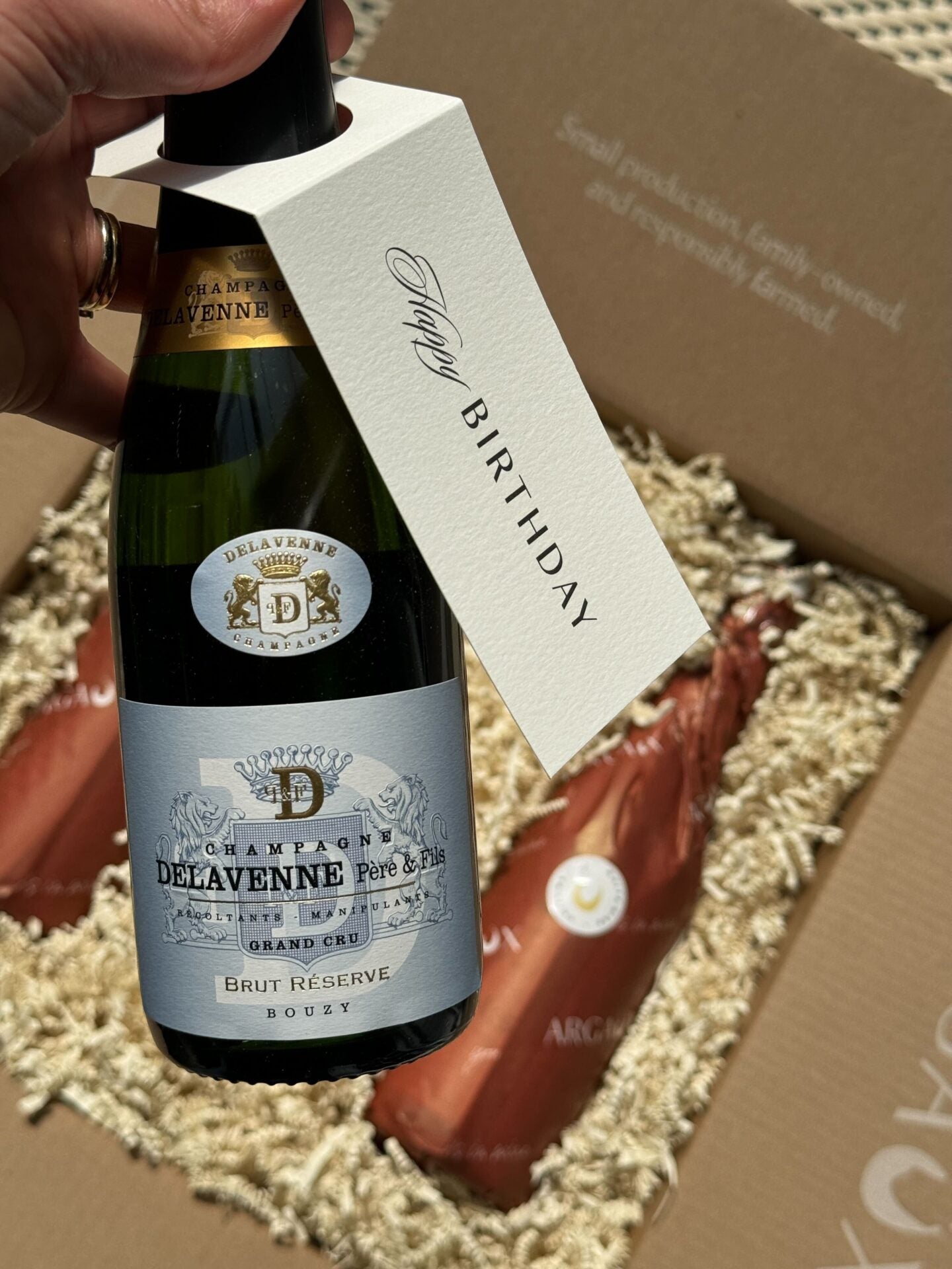 Bottle of Champagne with Happy Birthday Bottleneck tag.