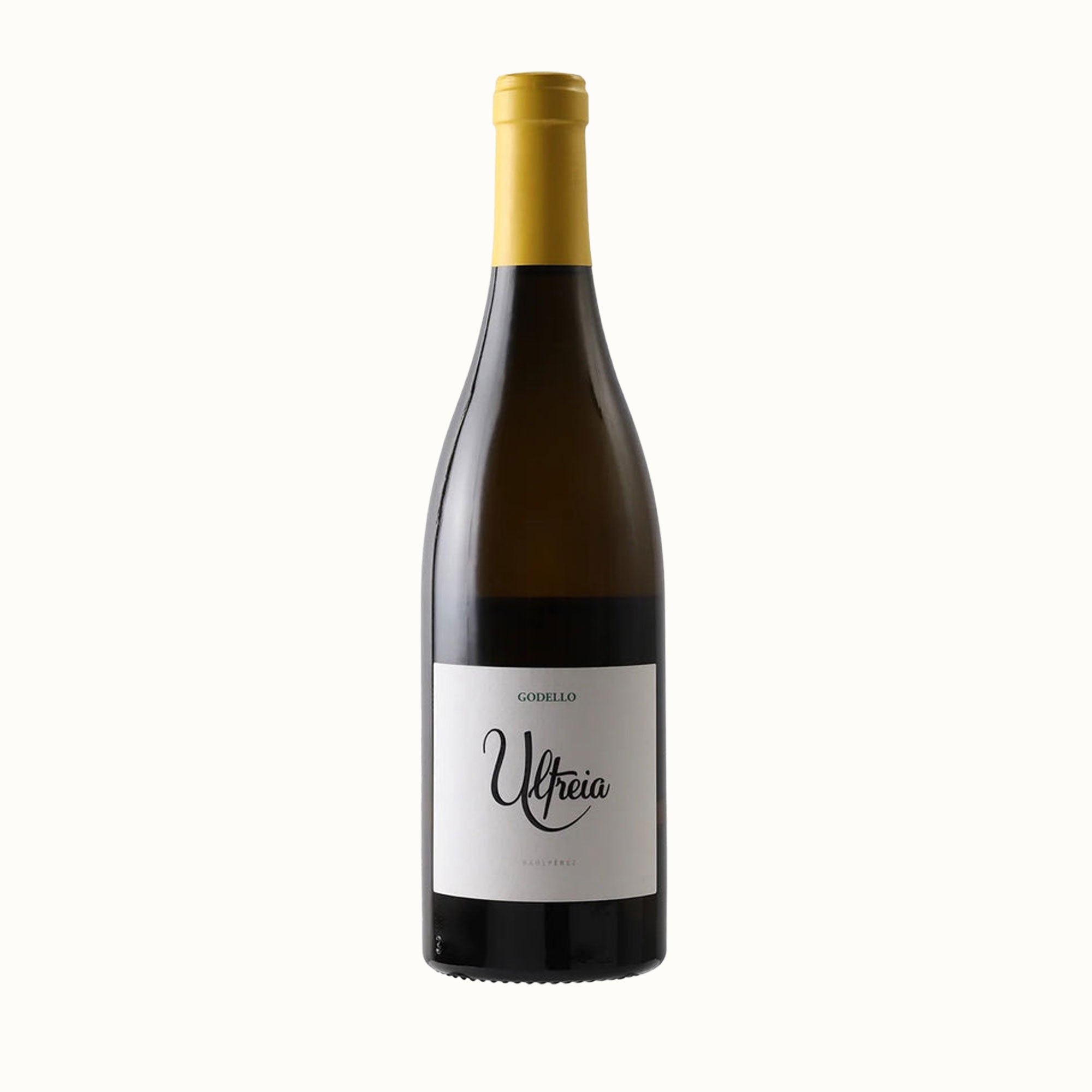 Bottle of Raul Perez Bierzo Godello Ultreia on white background.