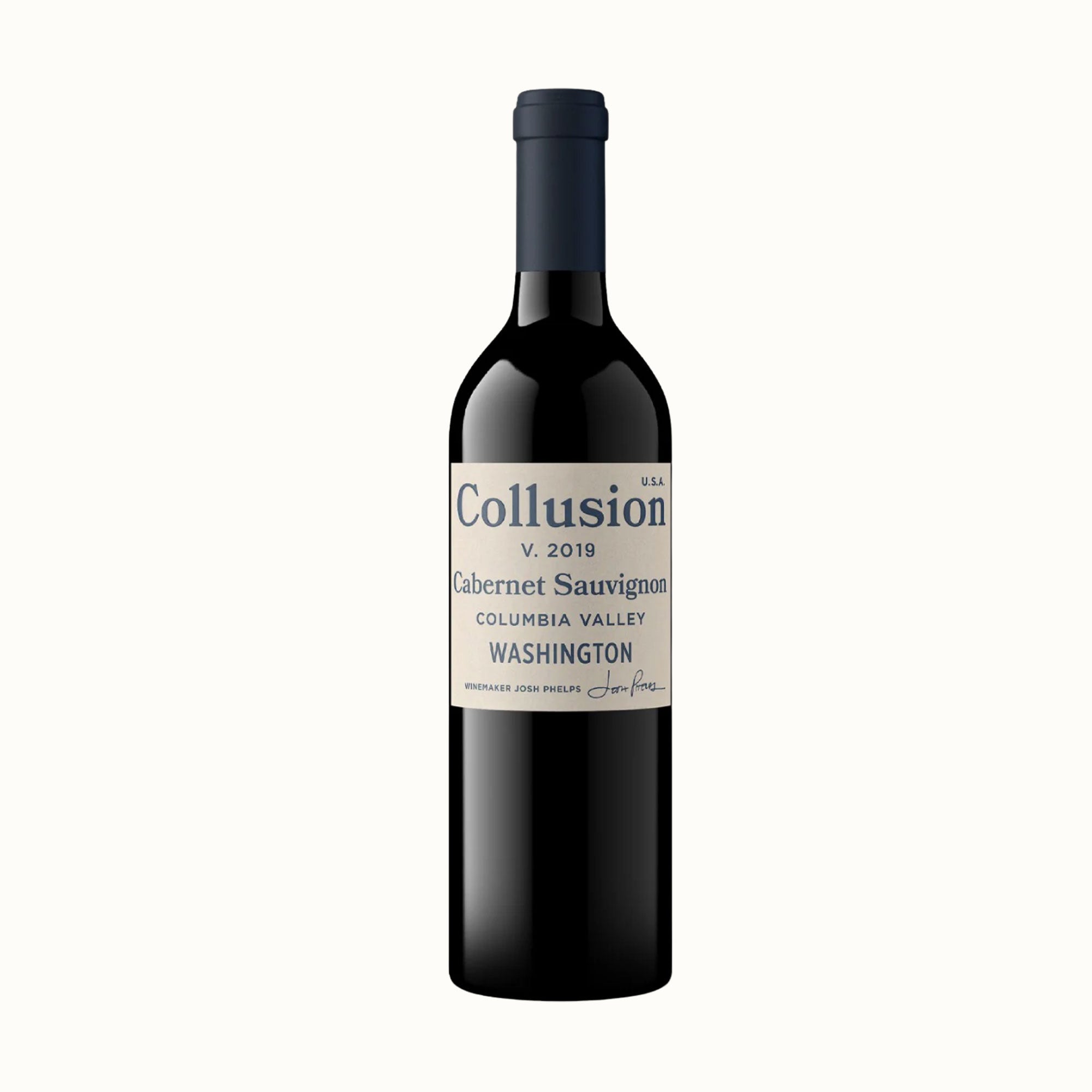A bottle of Collusion V. 2019 Cabernet Sauvignon from Columbia Valley, Washington, shown against a plain off-white background.