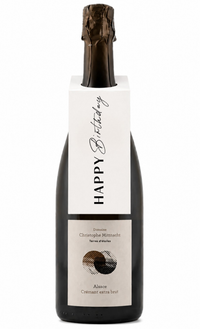 Bottle of champagne with a 'Happy Birthday' label on a white background
