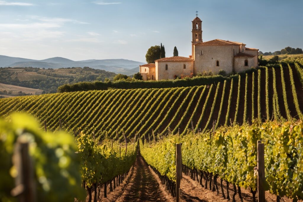 Wine cellar with rows of grapevines and a building in the background