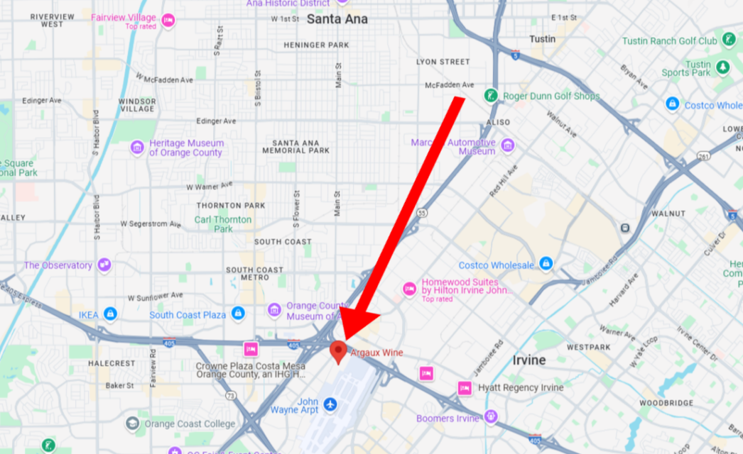google map showing argaux's location in costa mesa, california near John Wayne Airport