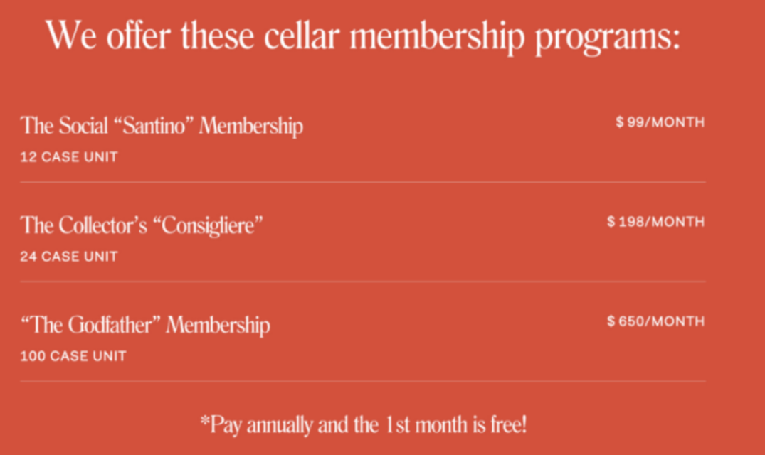 chart displaying the following wine storage pricing levels: (1) The Social "Santino" Membership 12 CASE UNIT $99/MONTH; (2) The Collector's "Consigliere" 24 CASE UNIT $198/MONTH; (3) "The Godfather" Membership 100 CASE UNIT $650/MONTH *Pay annually and the 1st month is free!